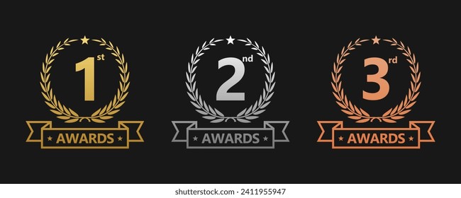 Award golden, silver, and bronze laurel wreaths with ribbons of First, second, and third winners. Vector set