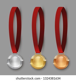 Award golden, silver and bronze medals with ribbon 3d realistic illustration. First, second and third place medals with laurel leaves. Certified. Quality blank, empty badge, emblem with red ribbons.