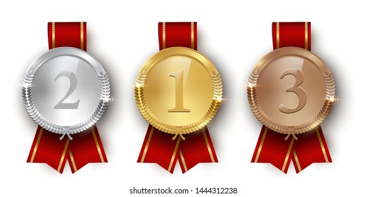 Galardonadas medallas de oro, plata y bronce con un listón 3d ilustrativo realista. En primer lugar, medallas de segundo y tercer lugar con hojas de laurel. Certificado. Banda vacía, emblema con cintas rojas.