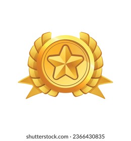 Award golden with a star, icon for game design, vector illustration isolated on white background. Simple web element, drawing of a round shaped sign with wings. Shiny metal winner badge. Flat art.