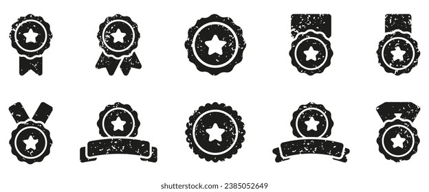 Award Grunge Texture Set. Medal With Ribbon, Grimy Prize Collection. Achievement Rubber Stamp. Best Champion, First Place Symbol. Black Winner Emblem. Isolated Vector Illustration.