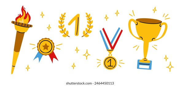 Award hand drawn elements set. Trophy cup, torch with burning fire and first place gold medal and ribbon prize. Success, sport victory. Modern vector illustration