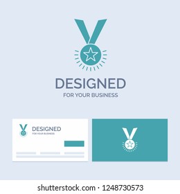 Award, honor, medal, rank, reputation, ribbon Business Logo Glyph Icon Symbol for your business. Turquoise Business Cards with Brand logo template.