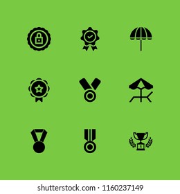 award icon. 9 award set with medal, umbrella and first prize trophy vector icons for web and mobile app