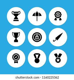 award icon. 9 award set with umbrella, trophy shape, trophy and ribbon badge award vector icons for web and mobile app