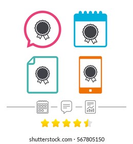 Award icon. Best guarantee symbol. Winner achievement sign. Calendar, chat speech bubble and report linear icons. Star vote ranking. Vector