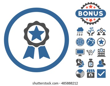 Award icon with bonus pictogram. Vector illustration style is flat iconic bicolor symbols, cobalt and gray colors, white background.