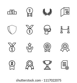 Award icon. collection of 16 award outline icons such as diploma, medal, medical mask, ribbon, red carpet, ranking, olive wreath. editable award icons for web and mobile.