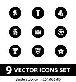 Award icon. collection of 9 award filled icons such as ranking, trophy, man with medal, rank, star, medal, shield. editable award icons for web and mobile.
