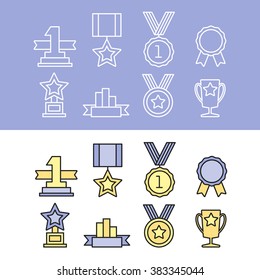 Award icon collection vector isolated on white background flat design style. First place leadership award trophy and cup. Champion achievement medallion. Success symbol emblem winner sign.