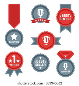 Award icon collection vector isolated on grey background flat design style. First place leadership award with ribbon. Champion achievement medallion. Success symbol emblem winner sign.