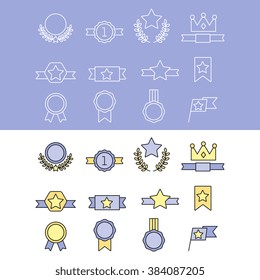 Award icon collection vector isolated on white background flat design style. First place leadership award trophy and cup. Champion achievement medallion. Success symbol emblem winner sign.