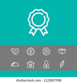 Award icon with dollar, home and box package symbols. Set of begin, tortilla, mortgage icons and arabica bean concept. Editable vector elements for logo app UI design.