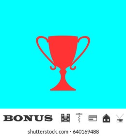 Award icon flat. Red pictogram on blue background. Vector illustration symbol and bonus buttons Music center, corkscrew, credit card, house, drum