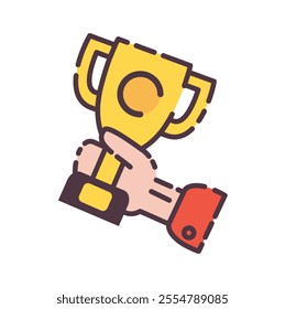 Award Icon illustration. Flat line color icon of a hand proudly holds a golden trophy, symbolizing triumph and success. Colored Outline Icons.