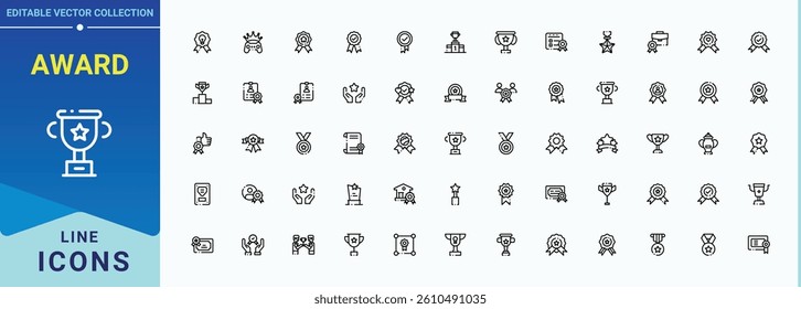 Award icon. Includes symbols for win, achievement, success, best, winner, prize, rank and more. Thin UI icons. Medal modern icon set. Editable stroke. Vector illustration.