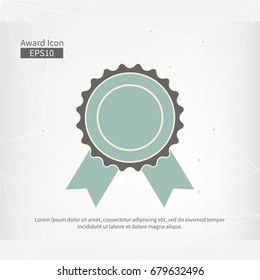 Award icon isolated. Vector infographic sign for the First Place. Grey blue circle symbol with ribbon on abstract gray triangle background. Best label illustration for web design, awarding, decoration