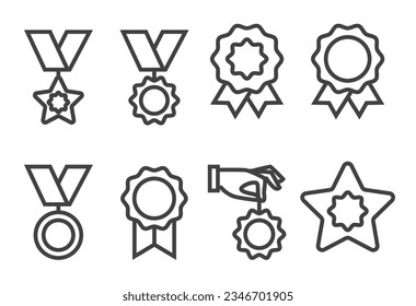 Award icon ribbon medal line art prize isolated set. Vector flat graphic design illustration
