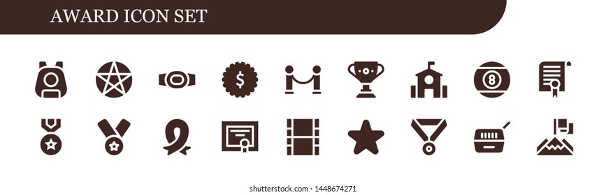 award icon set. 18 filled award icons.  Simple modern icons about  - Pet, Pentacle, Champion belt, Badge, Velvet, Trophy, School, Billiard, Certificate, Medal, Ribbon, Diploma