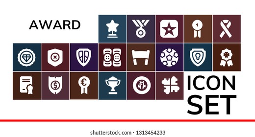 award icon set. 19 filled award icons.  Simple modern icons about  - Star, Premium, Diploma, Shield, Prize, Trophy, Solution, Kneepad, Banner, Soccer, Badge, Medal, Movie, Ribbon