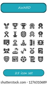  award icon set. 25 filled award icons. Simple modern icons about  - Medal, Trophy, Insignia, Quality, Ribbon, Badge, Shield, Winner, Diploma, Podium, School, Certificate, Achievement