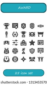 award icon set. 25 filled award icons.  Collection Of - Trophy, Diploma, Shield, Champion belt, Awards, Certificate, Banner, Control, School, Star, Pet, Soccer, Merit, Badge, Ribbon