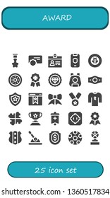 award icon set. 25 filled award icons.  Simple modern icons about  - Badge, Reward, Accreditation, Shield, Premium, Pet, Champion belt, Bookmark, Ribbon, Medal, Solution, Trophy