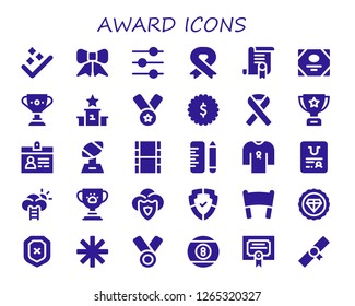  award icon set. 30 filled award icons. Simple modern icons about  - Success, Ribbon, Control, Certificate, Trophy, Podium, Medal, Badge, Accreditation, Movie, School, Shield