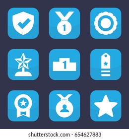 Award icon. set of 9 filled award icons such as medal, star, rank, award, ranking, star trophy, number 1 medal
