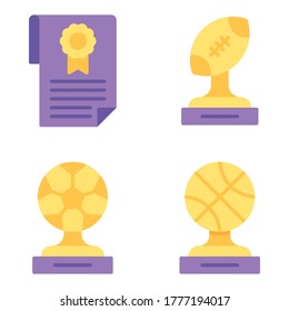 Juego de iconos de premio = certificado, rugby de trofeo, bola de trofeo, baloncesto de trofeo.
Perfecto para aplicaciones móviles web, presentación, ilustración y cualquier otro proyecto.
