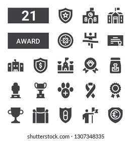 award icon set. Collection of 21 filled award icons included Shield, Conquer, Red carpet, Trophy, Prize, Ribbon, Veterinary, Award, Dog food, Winner, School, Diploma
