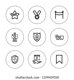 Award icon set. collection of 9 outline award icons with banner, bookmark, medal, movie, shield, plaque, star icons. editable icons.