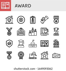 award icon set. Collection of Certificate, Shield, Billiard, Accreditation, Diploma, Medal, Movie theater, Rank, Graduate, Trophy, School, Badge, Quality, Star, Hollywood icons