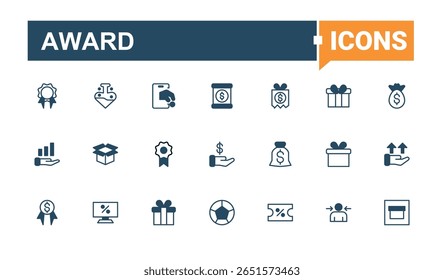 Award icon set. Contain linear symbols credit, coupon, reward, discount, token and more. Bonus vector icon set. Minimalist icons pack. Pixel perfect. Solid line editable stroke.