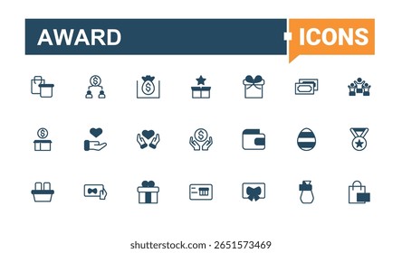 Award icon set. Contain linear symbols credit, coupon, reward, discount, token and more. Bonus vector icon set. Minimalist icons pack. Pixel perfect. Solid line editable stroke.