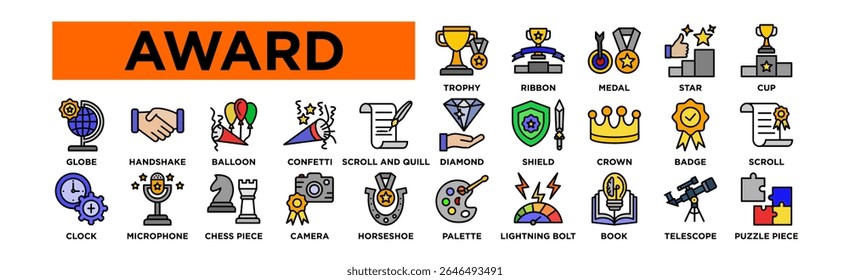  Award icon set. Editable Stroke Icon Collection. Trophy, Ribbon, Medal, Star, Cup, Diamond, Shield, Crown, Badge, Scroll, Globe, Handshake, Balloon, Confetti, Scroll and Quill, Palette, Lightning Bol