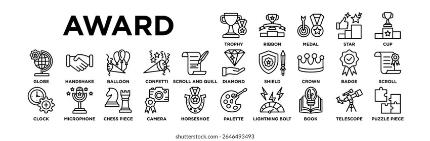  Award icon set. Editable Stroke Icon Collection. Trophy, Ribbon, Medal, Star, Cup, Diamond, Shield, Crown, Badge, Scroll, Globe, Handshake, Balloon, Confetti, Scroll and Quill, Palette, Lightning Bol