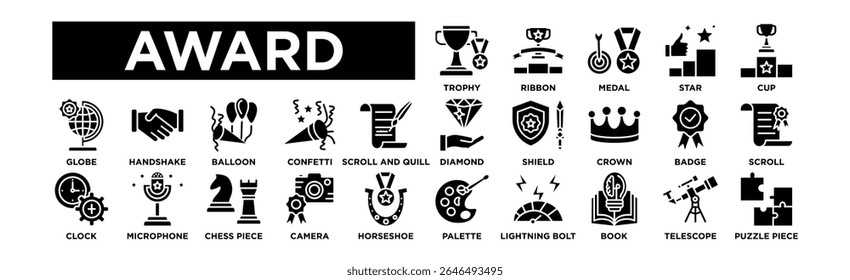  Award icon set. Editable Stroke Icon Collection. Trophy, Ribbon, Medal, Star, Cup, Diamond, Shield, Crown, Badge, Scroll, Globe, Handshake, Balloon, Confetti, Scroll and Quill, Palette, Lightning Bol
