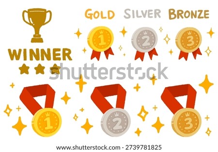 Award icon set featuring gold, silver, and bronze medals, a winner's cup, and "WINNER" text. Hand-drawn vector materials usable for rankings and awards. Design with a cute impression.