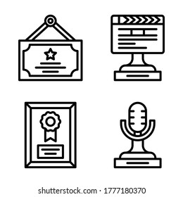 Award icon set = frame certificate, trophy film, frame award, trophy microphone.
Perfect for website mobile app, presentation, illustration and any other projects.