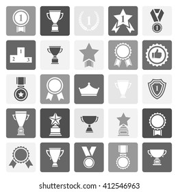 Award icon set.Vector black and white award medal,trophy cup icon set isolated on a square