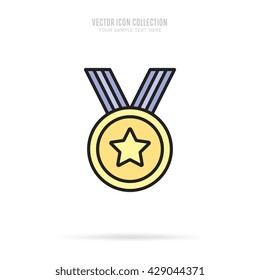 Award icon vector isolated on white background flat design style. Golden medal with star leadership award. Champion achievement medallion on ribbon. Success symbol emblem. First place winner sign.