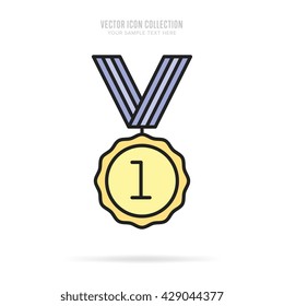Award icon vector isolated on white background flat design style. Golden medal with first place leadership award. Champion achievement medallion on ribbon. Success symbol emblem winner sign.