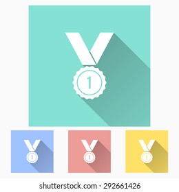 Award - icon is white with long shadow, flat design. Vector illustration.