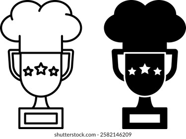 Award Icons. Black and White Vector Icons. Chef Hat and Cup with Stars. Prestigious Rating. Restaurant Concept