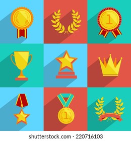 Award icons colored set of trophy medal winner prize champion cup isolated vector illustration