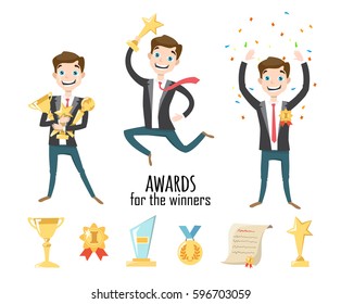 Award icons flat set of trophy medal winner prize champion cup. Set of vector icons and characters.