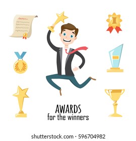  Award icons flat set of trophy medal winner prize champion cup. Set of vector icons and characters.