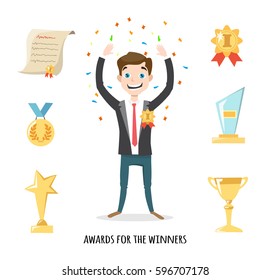 Award icons flat set of trophy medal winner prize champion cup. Set of vector icons and characters.