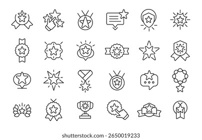 Award icons. Line achievement related symbols. Medals, trophies awards ribbons, stars and quality badges. Stroke winner success icon. Education, sports, corporate, gaming. Vector set.